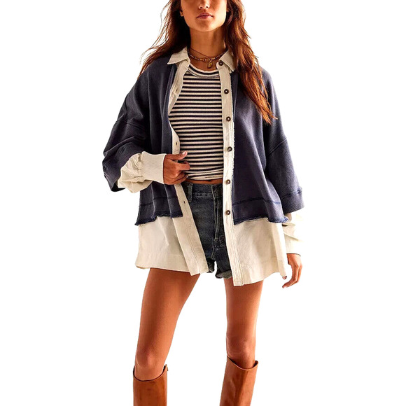 We The Free Rebel Twofer Jacket XS Long Sleeve Button Front Shirt Layered Boho - Picture 1 of 9